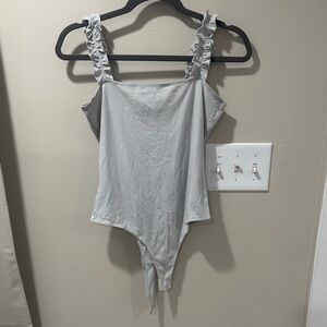 Double Zero Light Gray Ribbed Ruffle Strap Bodysuit